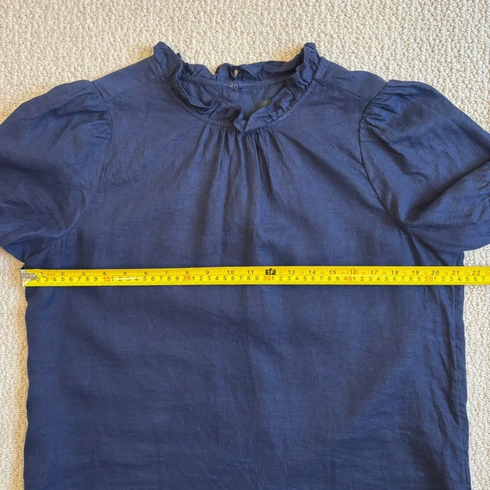 J.Crew 100% Linen Smocked Puff Sleeve Ruffle Top, Medium Navy Blue Preppy office